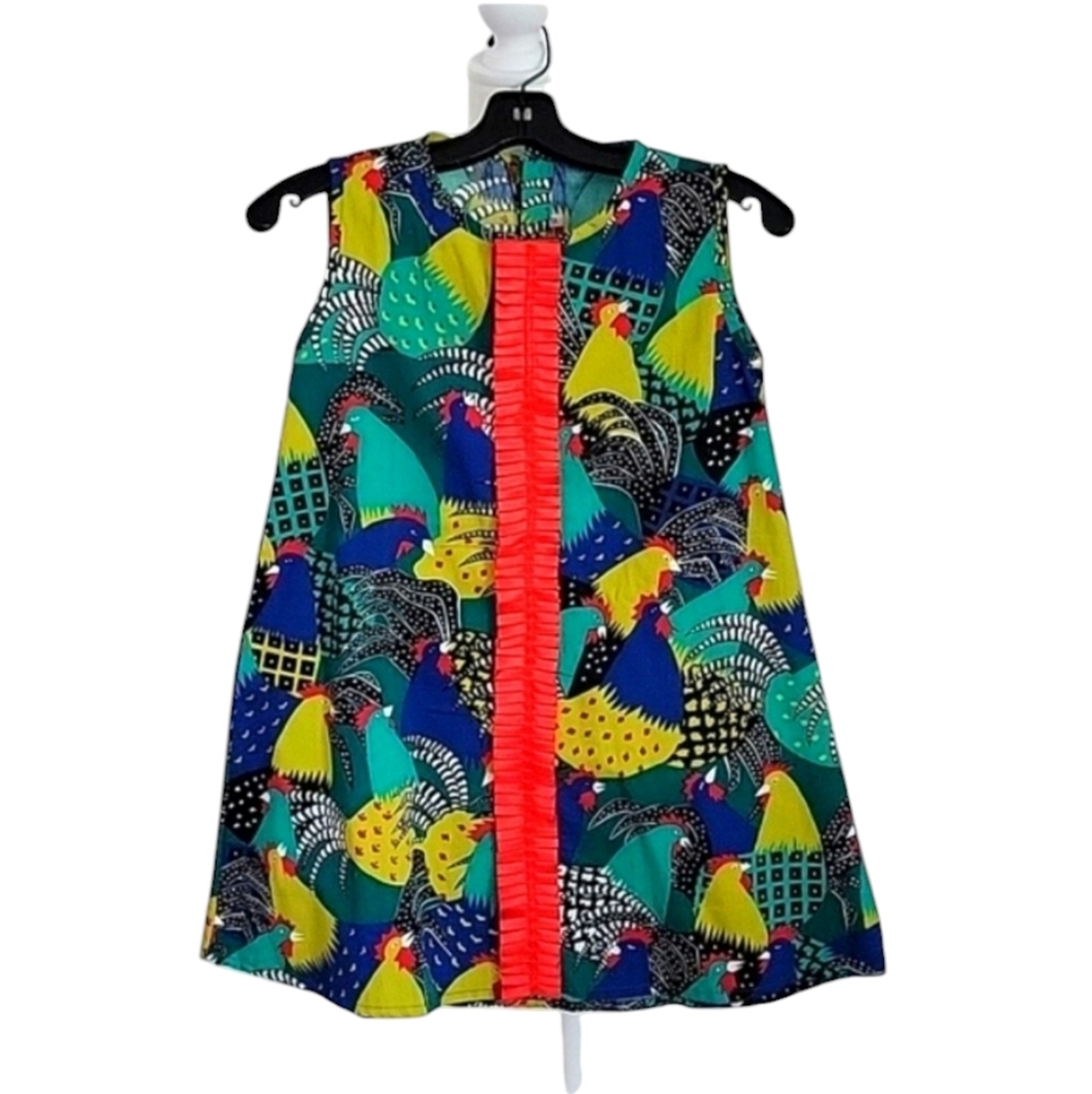 Girls Colorful Artsy Chicken Print Red Crest Cotton Dress NWT Size 12